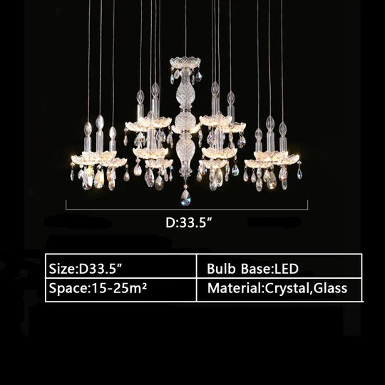 French Romantic Crystal and Glass Candle Chandelier Pendant Light with Metal Finish for Living Room Dining