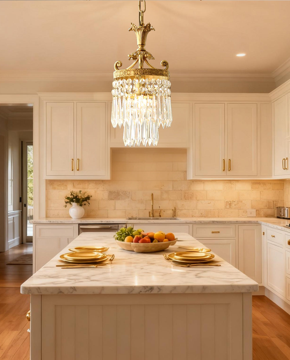 2-Pack 8-Inch Mini Crystal Chandeliers, Antique Brass Chandelier for Kitchen