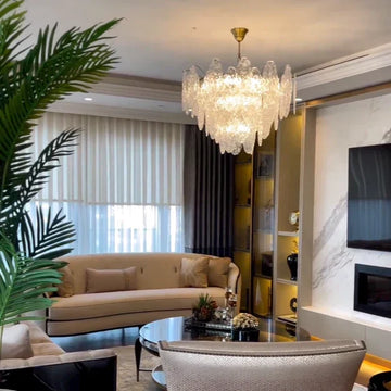 Handmade Modern Glass Chandelier with Gold-Finished Metal, Round and Rectangle Shapes