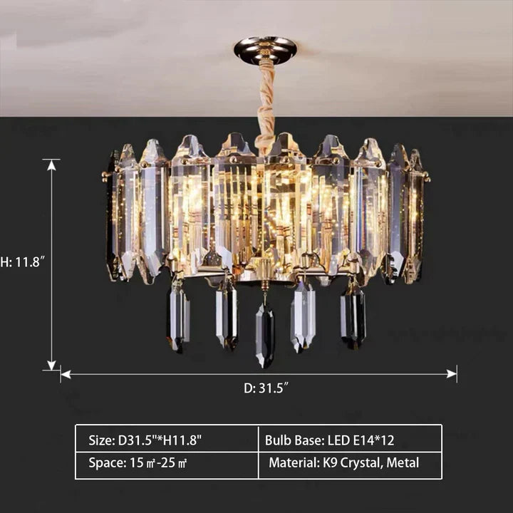 Modern Transparent Crystal and Gold Chandelier with Oval Slices, Round & Rectangle Shapes, High-Quality Finish