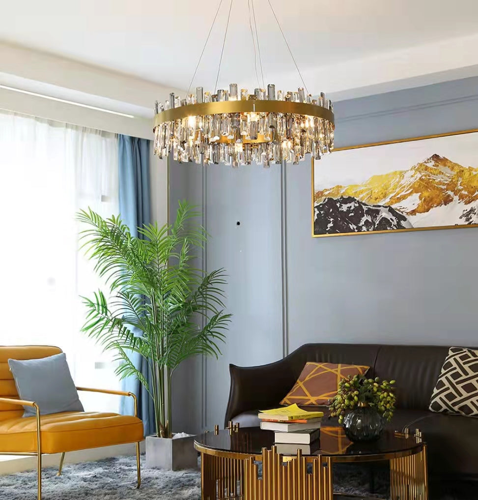 Luxury Round Crystal Chandelier with Stainless Steel Finish Modern Ceiling Light for Living and Dining Room