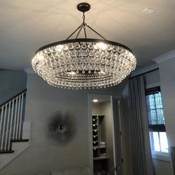 Black Finish Iron Semi Flush Mount Light Round Crystal Drops Ceiling Chandelier for Living Room