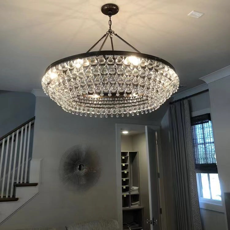 Black Finish Iron Semi Flush Mount Light Round Crystal Drops Ceiling Chandelier for Living Room