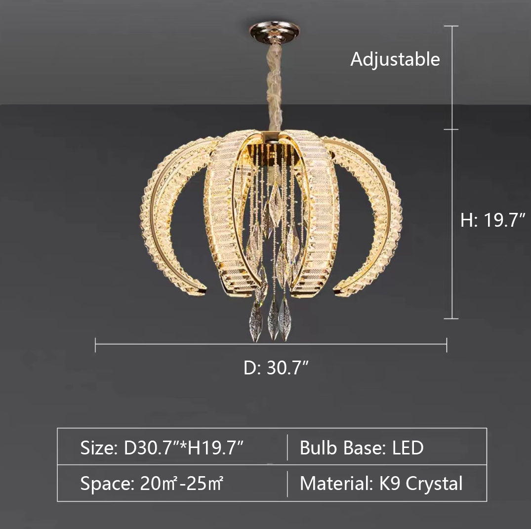 Luxury K9 Crystal Pendant Chandelier with Curved Vacuum Plating Finish, Unique Lantern Shape for Living Dining