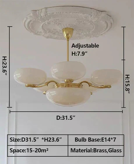 Mid-Century Scandinavian American Vintage White Opal Brass Chandelier for Living Room / bedroom