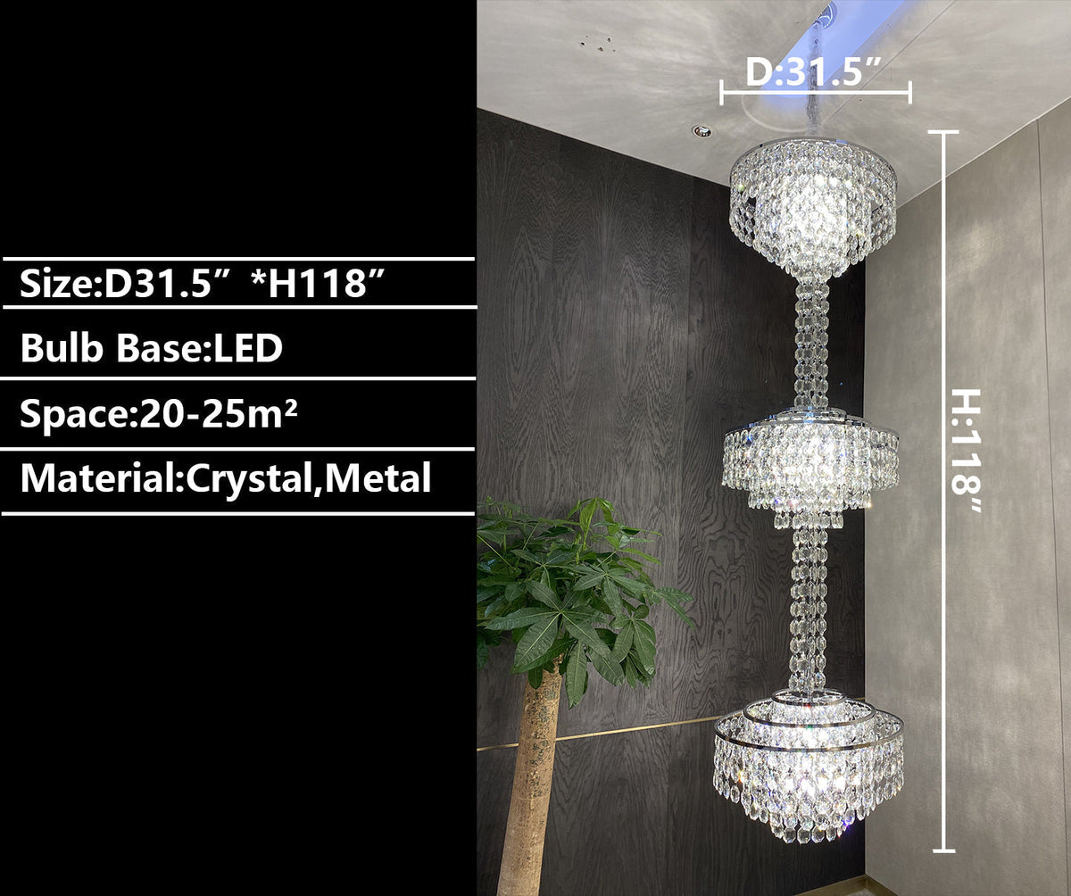 Modern French Elegant Oversized 3-Tiered Silver Seashells Long Crystal Chandelier for Staircase