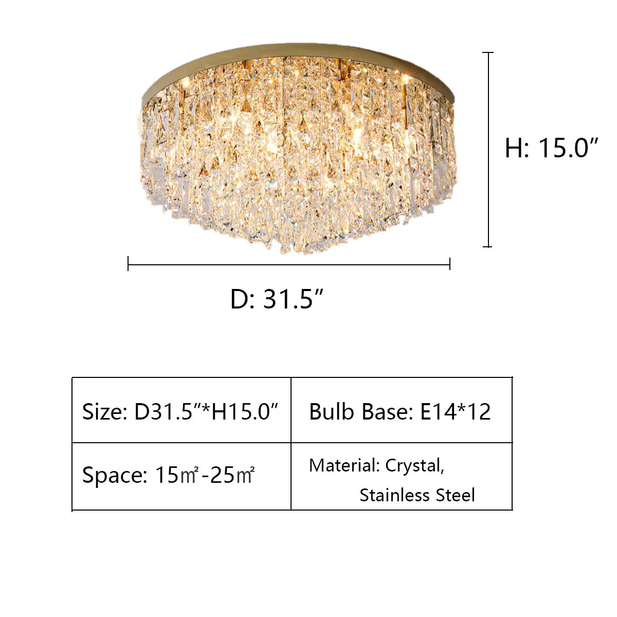 Oversize Stainless Steel Flush Mount Crystal Chandelier with Tiered Design for Living Room Bedroom