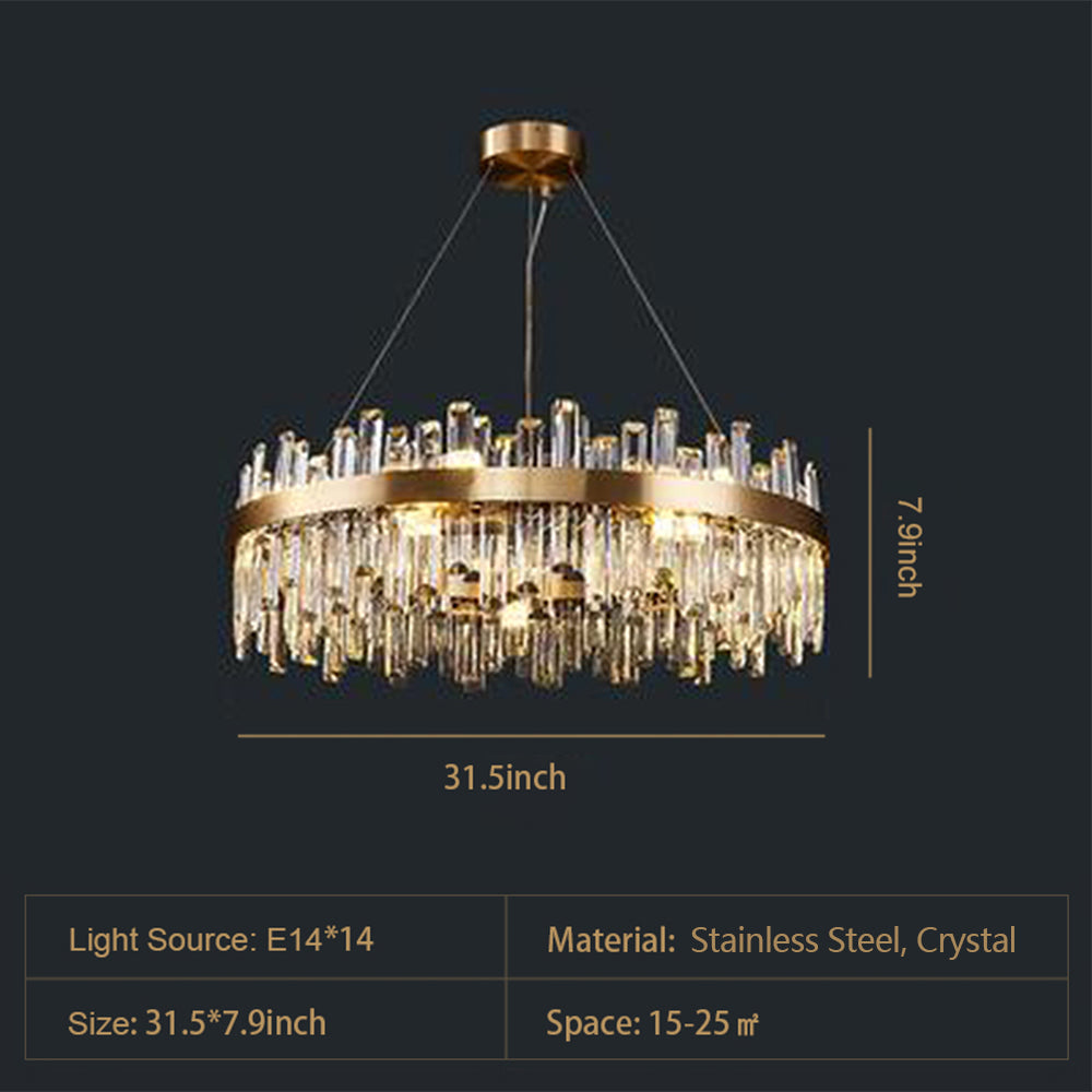 Luxury Round Crystal Chandelier with Stainless Steel Finish Modern Ceiling Light for Living and Dining Room