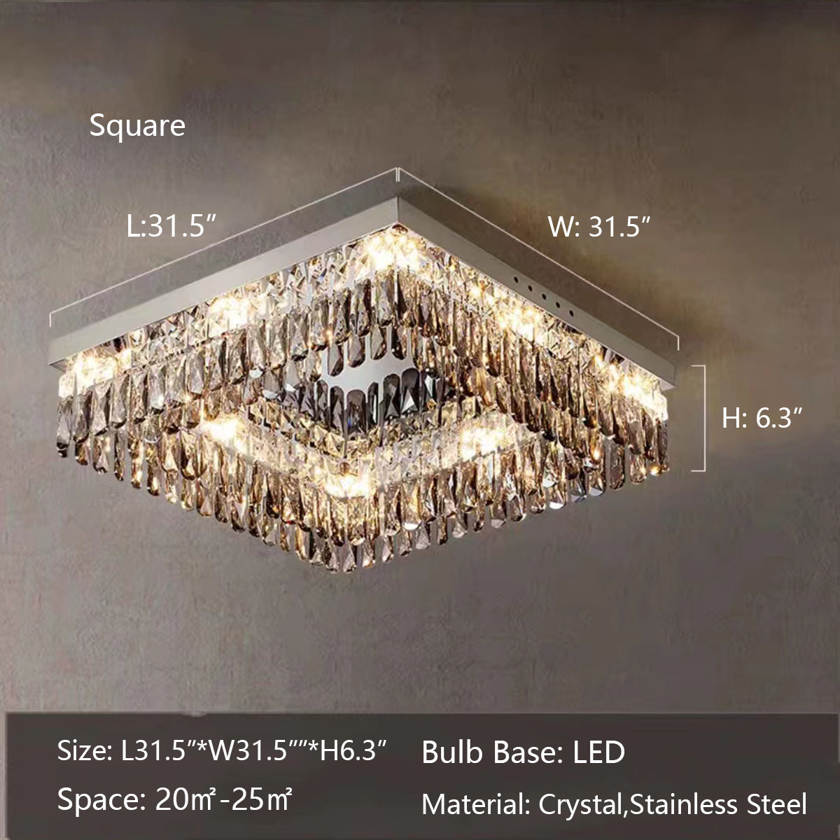 Oversize Modern Flush Mount Chandelier with Mirrored Stainless Steel and Crystal Pendants, Square &