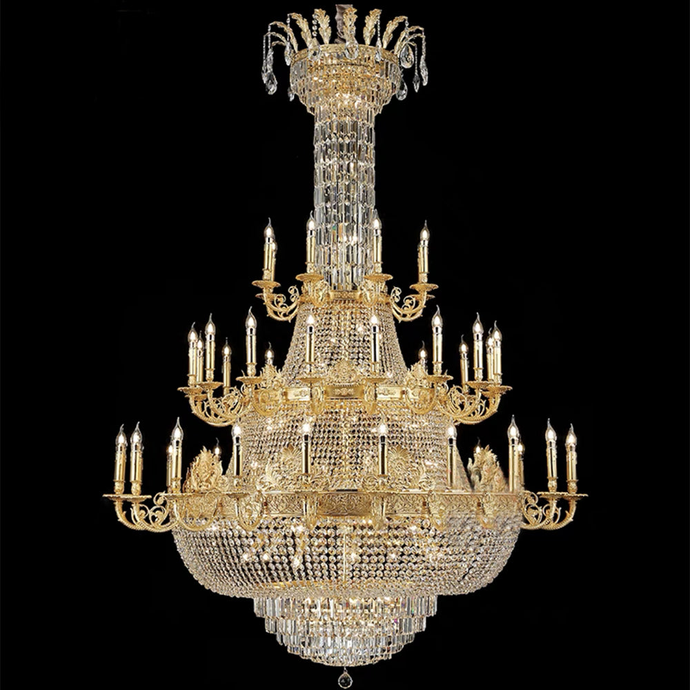 Luxury Empire Multi-Tiered Candle Crystal Chandelier with Gold Finish, High-Quality K9 Crystal and Brass
