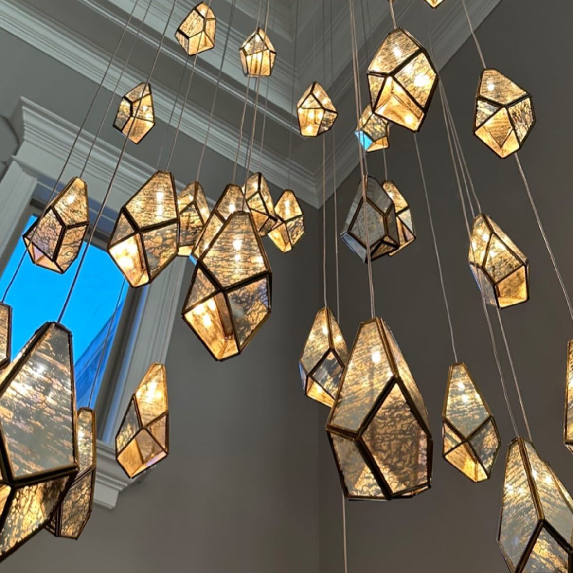 Antique Brass Irregular Cutting Diamond Multi-Drop Suspension Chandelier with Mirror Shades