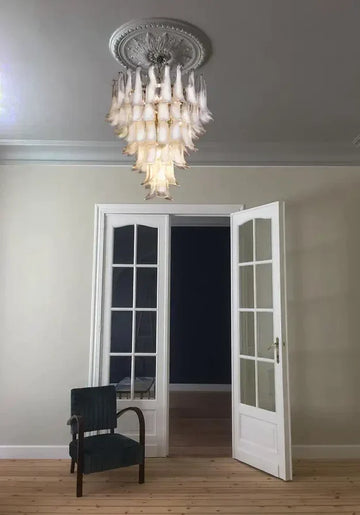 Modern Art Italian Mid-Century 5 / 6-Tier Petal Glass Chandelier with Metal Finish