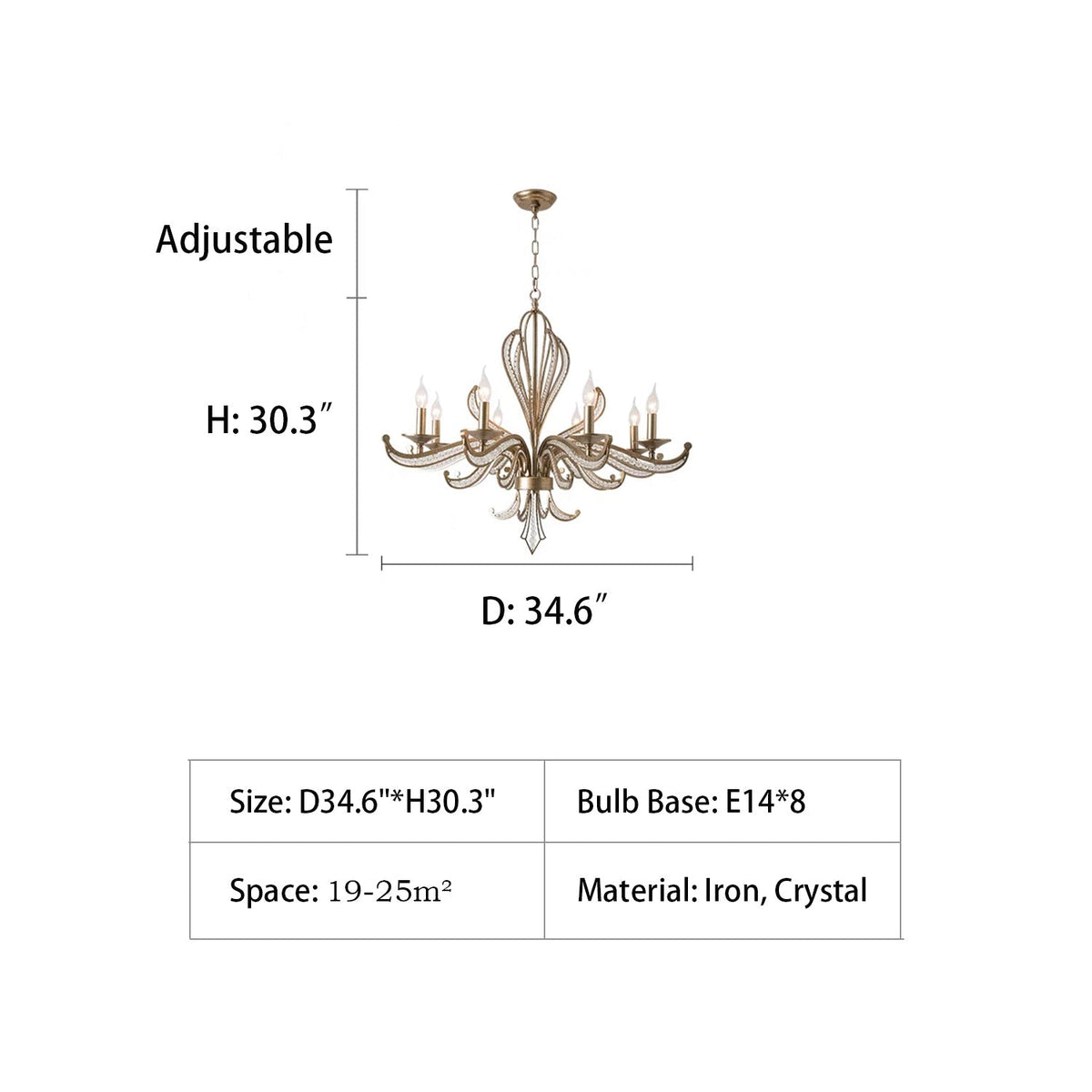 Vintage Silver Finish Crystal and Iron Candle Chandelier for Living Room and Dining Room