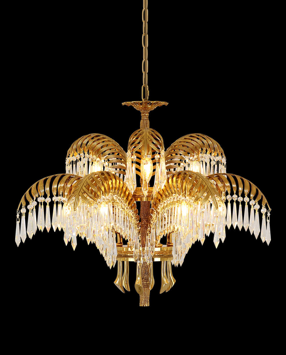 30 Inch Wide 2-Layer Palm Tree Brass and Crystal Chandelier Light