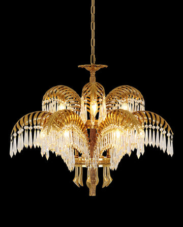 30 Inch Wide 2-Layer Palm Tree Brass and Crystal Chandelier Light