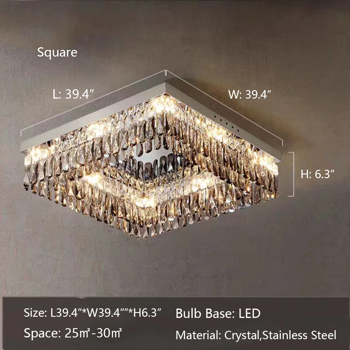 Oversize Modern Flush Mount Chandelier with Mirrored Stainless Steel and Crystal Pendants, Square &