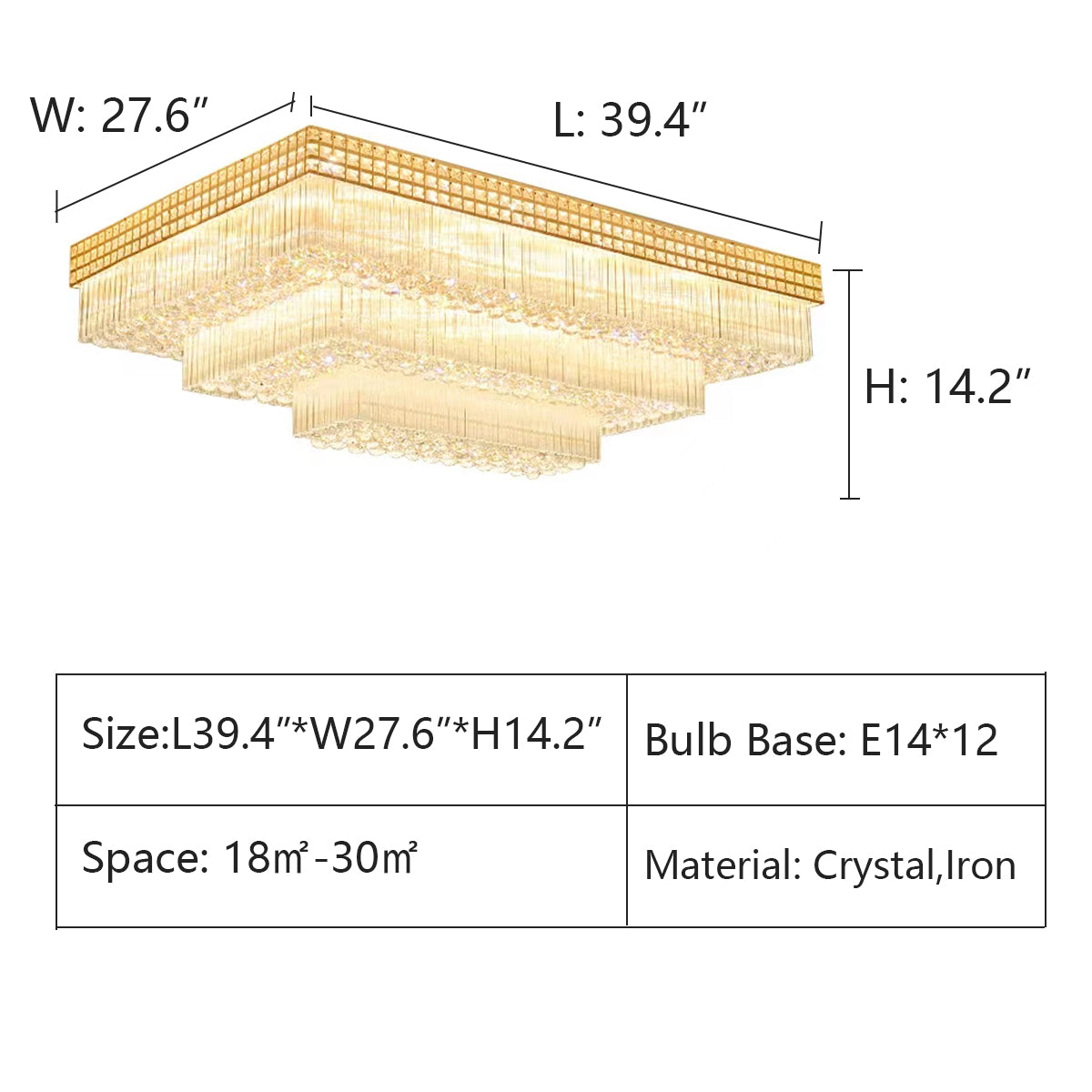 Extra Large Three Layers Rectangular Luxury Flush Mounted Crystal Chandelier for Living Room