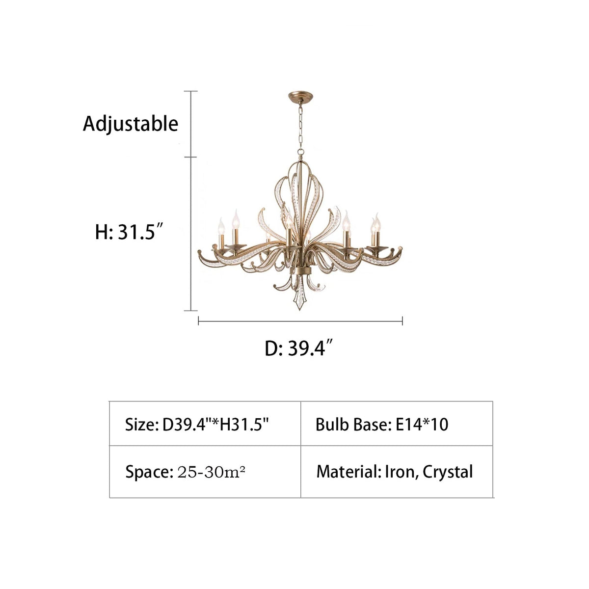 Vintage Silver Finish Crystal and Iron Candle Chandelier for Living Room and Dining Room