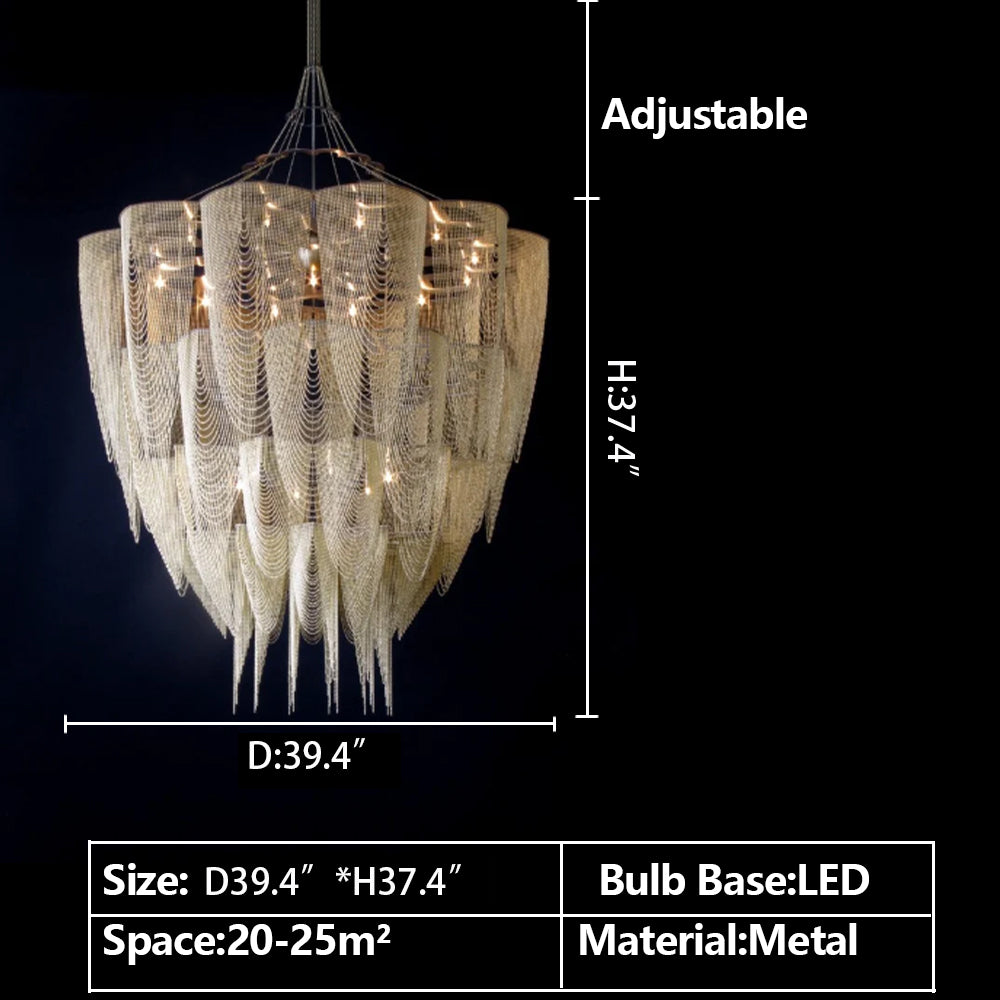 Oversized Modern Aluminium Chain Tassel Pendant Chandelier with Multi-Crafted Finish for Large Living Room