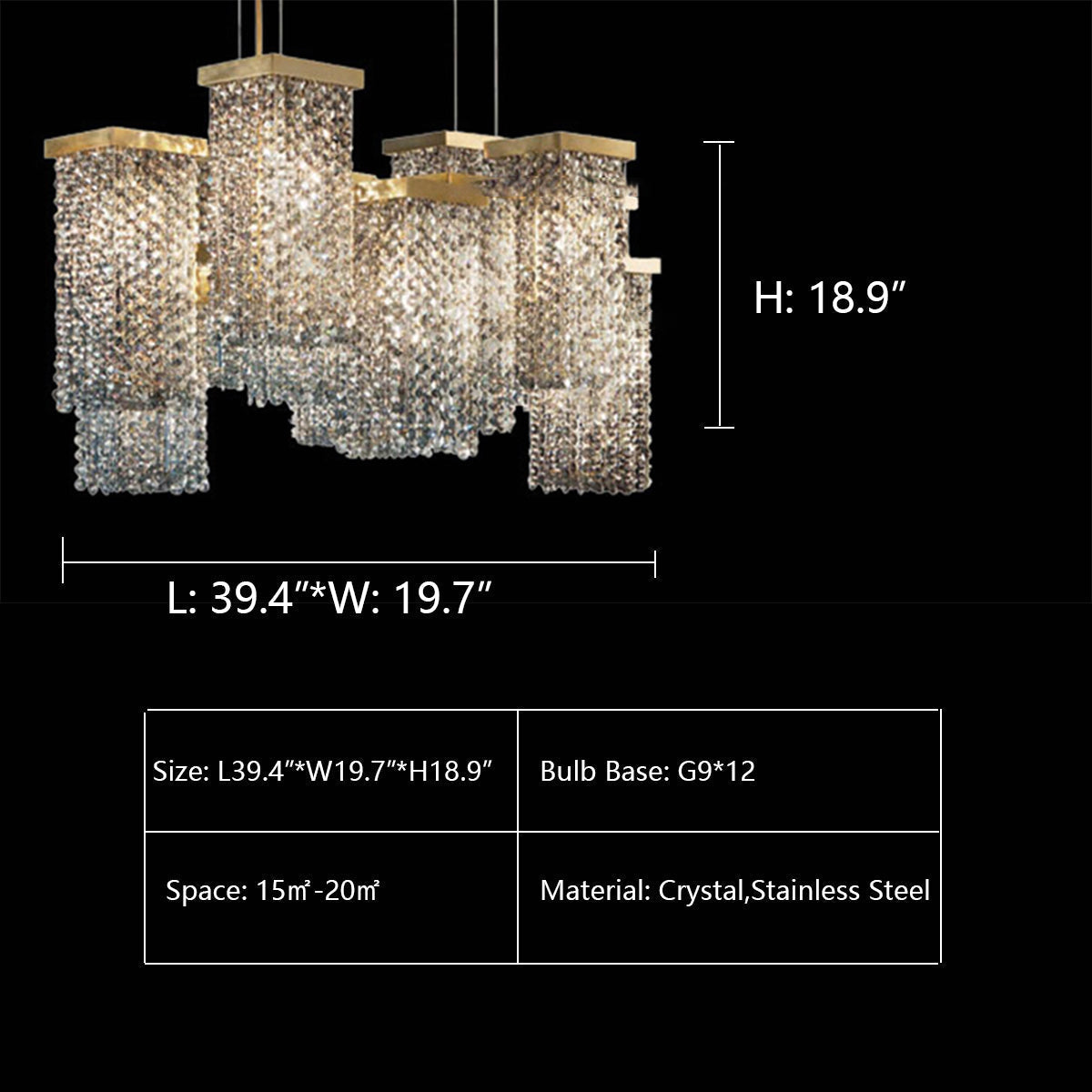 Post-Modern Light Luxury Rectangular Crystal Pendant Chandelier for Dining / Living Room / Kitchen Island