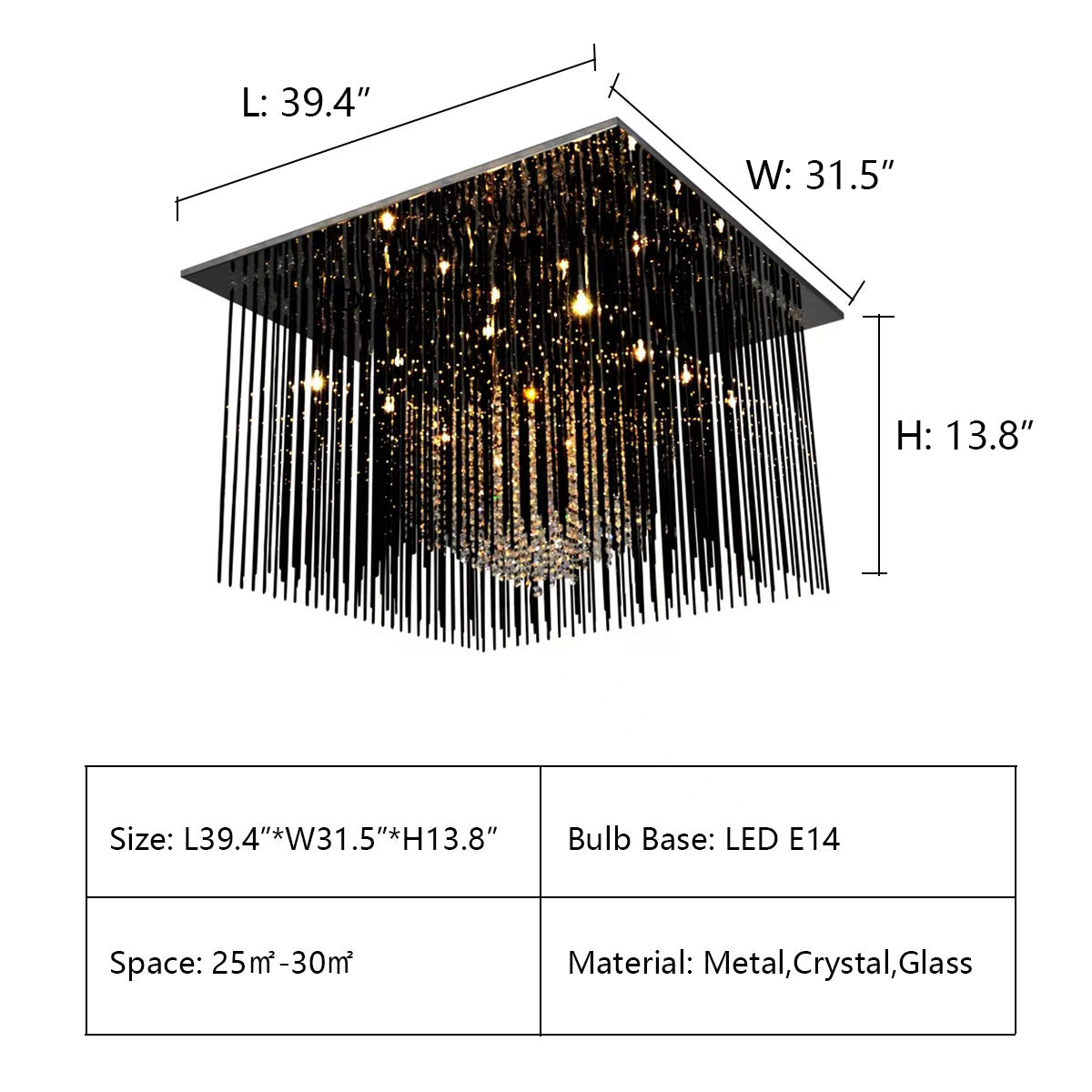 Modern Black Glass Tassel Crystal Pendant Flush Mount Chandelier for Living Room / bedroom / study