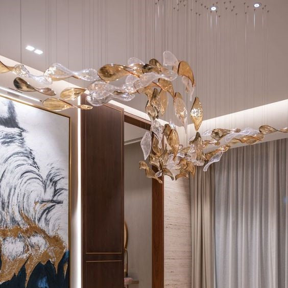 Luxury Glass Leaves Floating Chandelier with High-Quality Finish for Hotel, Villa, Living Room