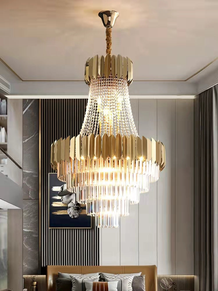 Golden Crystal Hallway Chandelier with Luxury Finish, Modern Ceiling Lamp for Living Room and Staircase