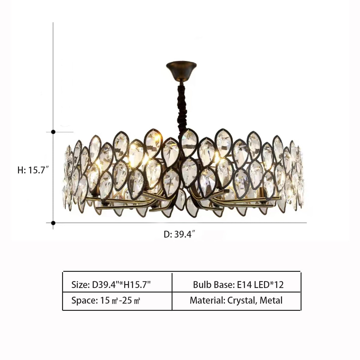 Modern Black Chandelier with Leaf-Shaped Crystal Suit for Living & Dining Room