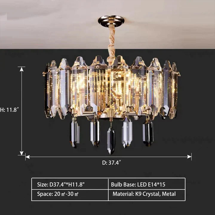 Modern Transparent Crystal and Gold Chandelier with Oval Slices, Round & Rectangle Shapes, High-Quality Finish