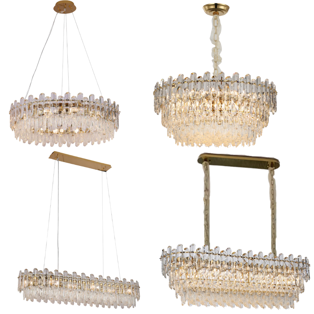 Light Luxury Round / rectangular Clear Crystal Chandelier in Champagne Gold / chrome Finish for Living /