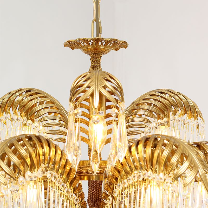 30 Inch Wide 2-Layer Palm Tree Brass and Crystal Chandelier Light