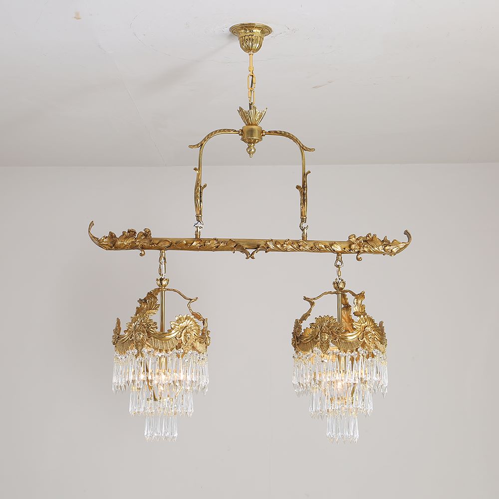 35 Inch Linear Chandelier Antique Copper and Crystal Kitchen Island Chandelier