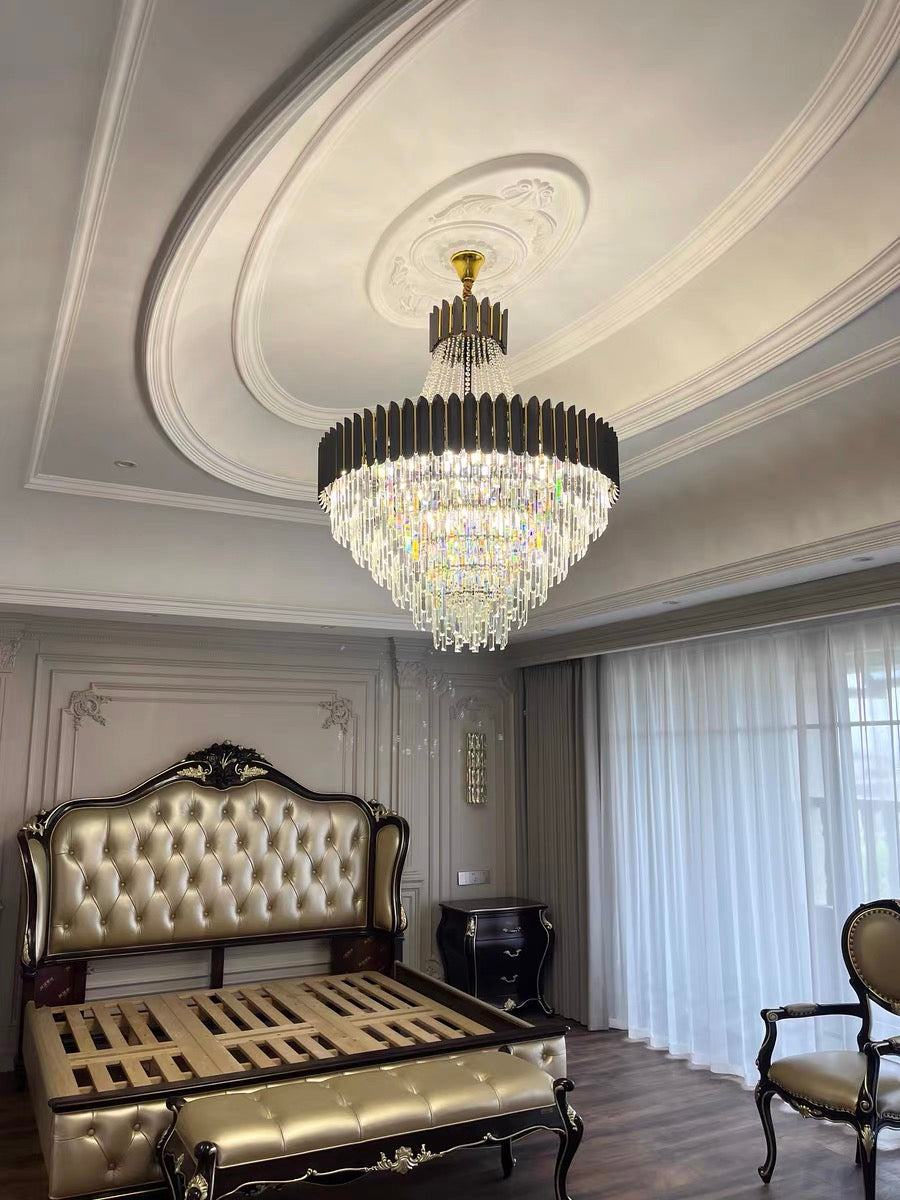 Black Crystal and Stainless Steel Round Chandelier Ceiling Light , Modern Finish