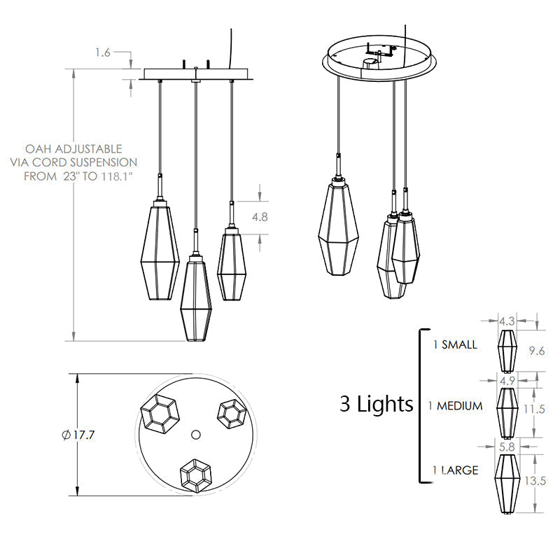Modern Artisan Crafted Geometric Optic Glass Pendant Light with Metal Finish for Staircase, Foyer, Entryway