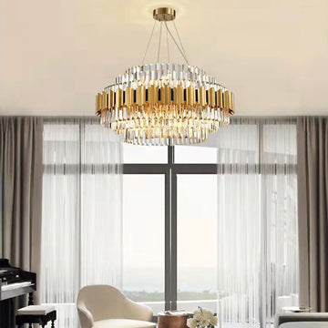 Modern Round Crystal Chandelier with Gold and Black Finish – High-Quality Crystal and Metal