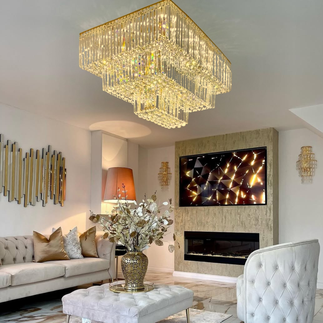 Square Crystal Ceiling Crystal Chandelier Light Three Layers