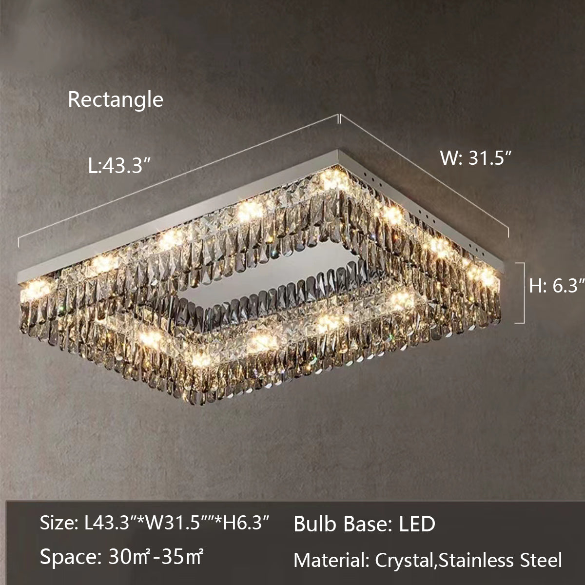 Oversize Modern Flush Mount Chandelier with Mirrored Stainless Steel and Crystal Pendants, Square &