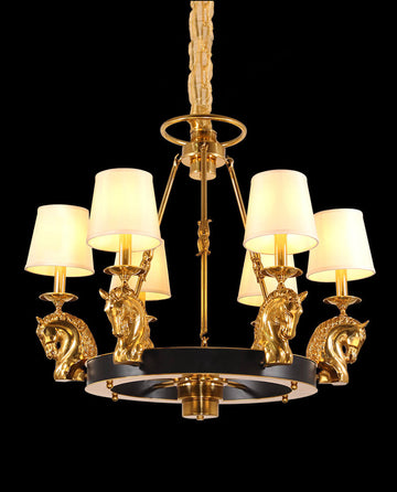 30X28 Inch 6 Lights Rococo Stype Cast Horse Head Antique Copper Chandelier Light