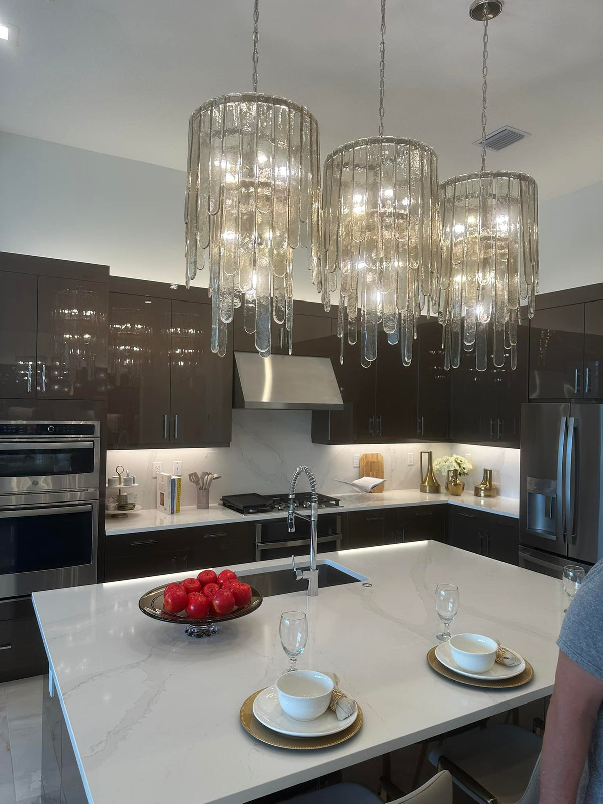 Modern Multi-Tier Champagne-Hued Glass Chandelier in Chrome Finish