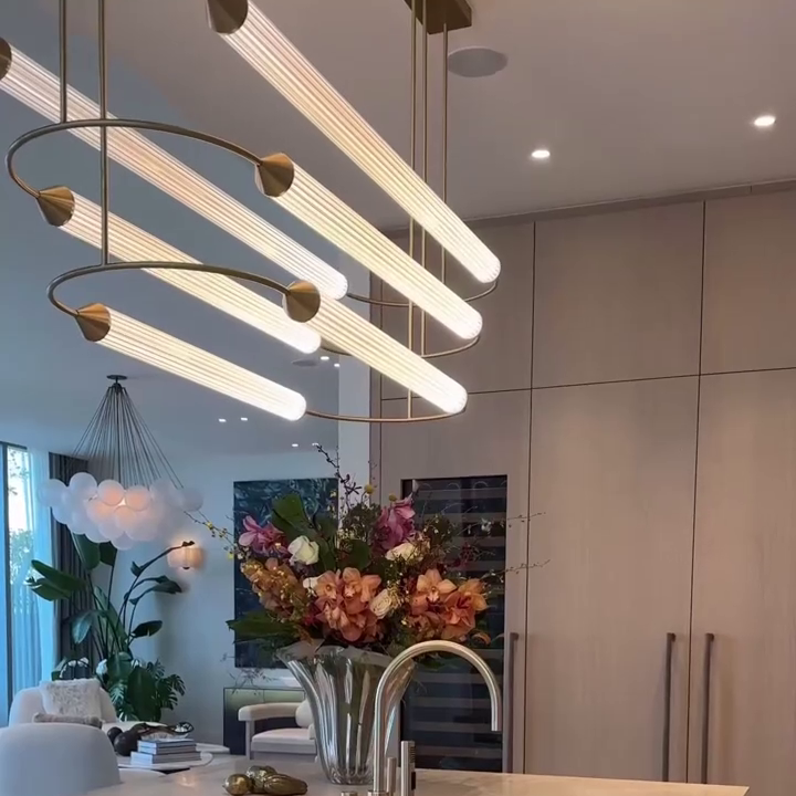 Minimalism Brass Ellipse LED Chandelier Horizontal Design for Kitchen Island and Dining Room