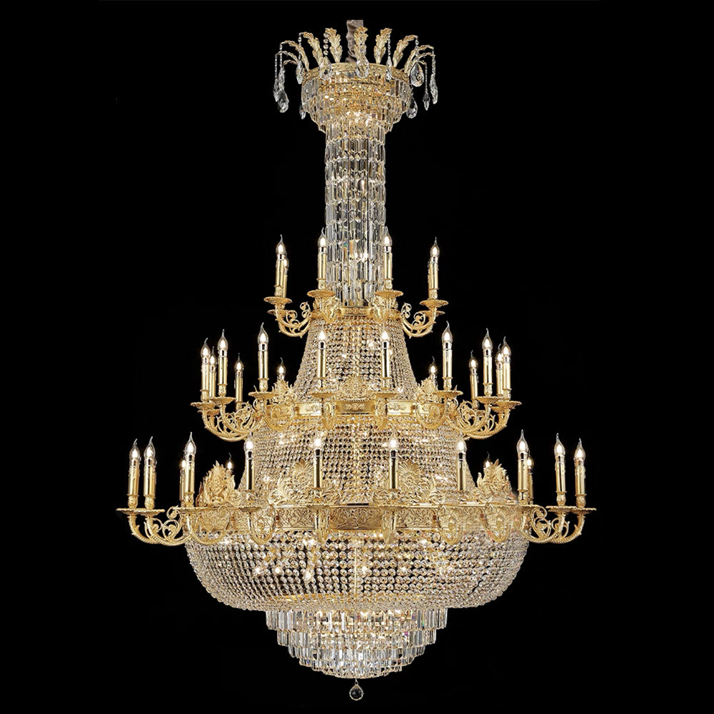Luxury Empire Multi-Tiered Candle Crystal Chandelier with Gold Finish, High-Quality K9 Crystal and Brass