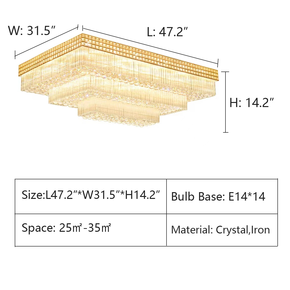 Extra Large Three Layers Rectangular Luxury Flush Mounted Crystal Chandelier for Living Room