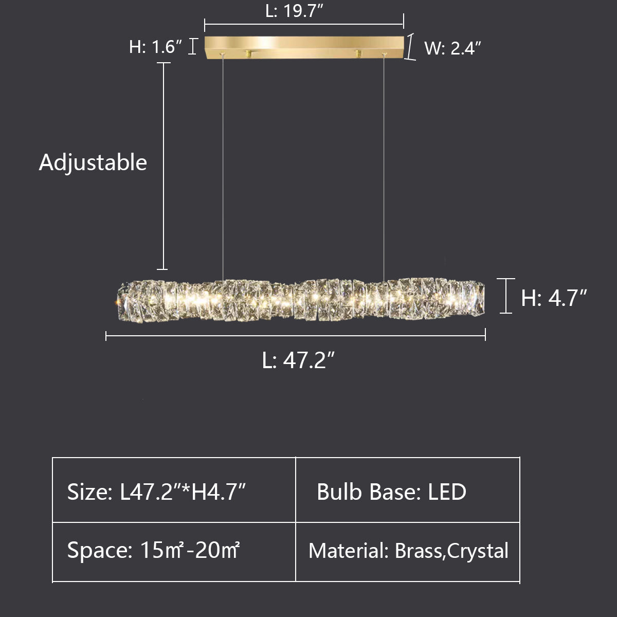 Nordic Light Luxury Rectangular Brass Pendant with K9 Crystal for Dining Room and Kitchen Island
