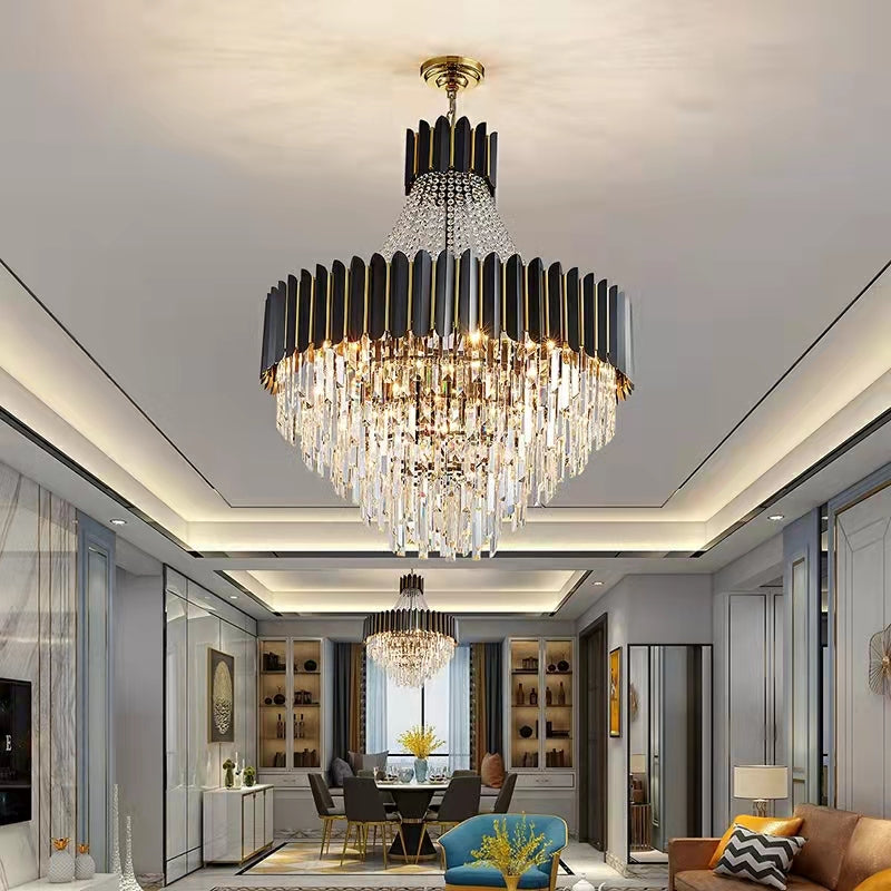 Black Crystal and Stainless Steel Round Chandelier Ceiling Light , Modern Finish