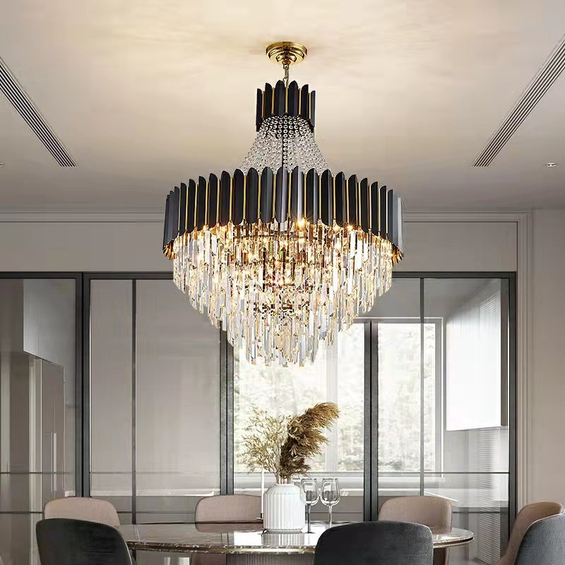 Black Crystal and Stainless Steel Round Chandelier Ceiling Light , Modern Finish