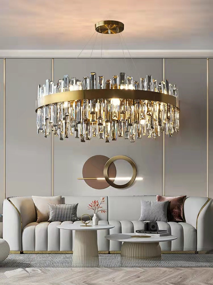 Luxury Round Crystal Chandelier with Stainless Steel Finish Modern Ceiling Light for Living and Dining Room