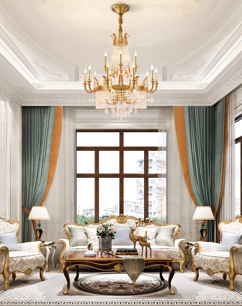 Stunning 39'' W x 43'' H Two Tier French Empire Chandelier – Antique Brass & Crystal for Formal Living Room Foyer Dining Room