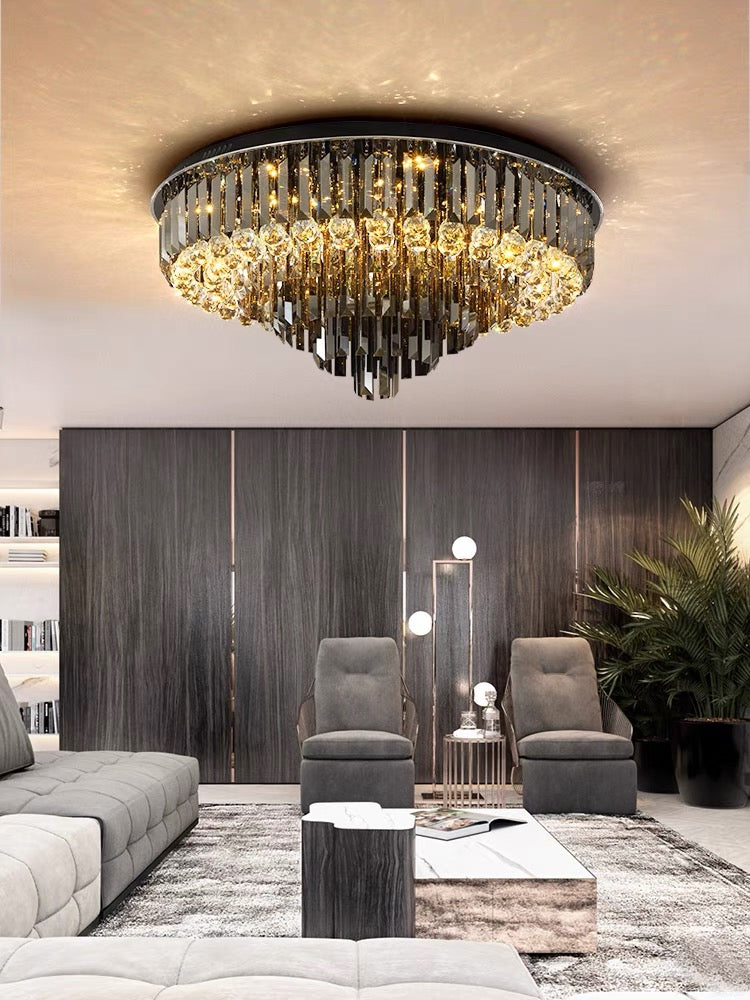 Smoke Gray Crystal Round Flush Mount Chandelier Light Luxury Finish