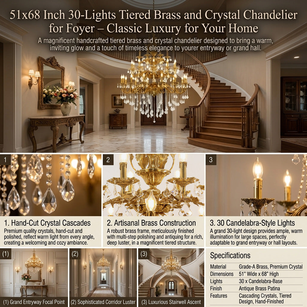 51X68 Inch 30 Lights Tiered Brass and Crystal Chandelier for Foyer