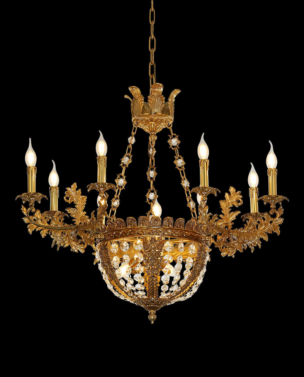 31X29 Inch 12 Lights French Empire Style Brass and Crystal Chandelier Light